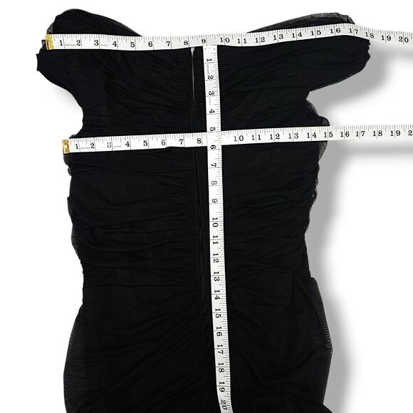 Tadashi Shoji Ruched Mesh Cap Sleeve Floor Length Formal Evening Gown Black L - Picture 10 of 11